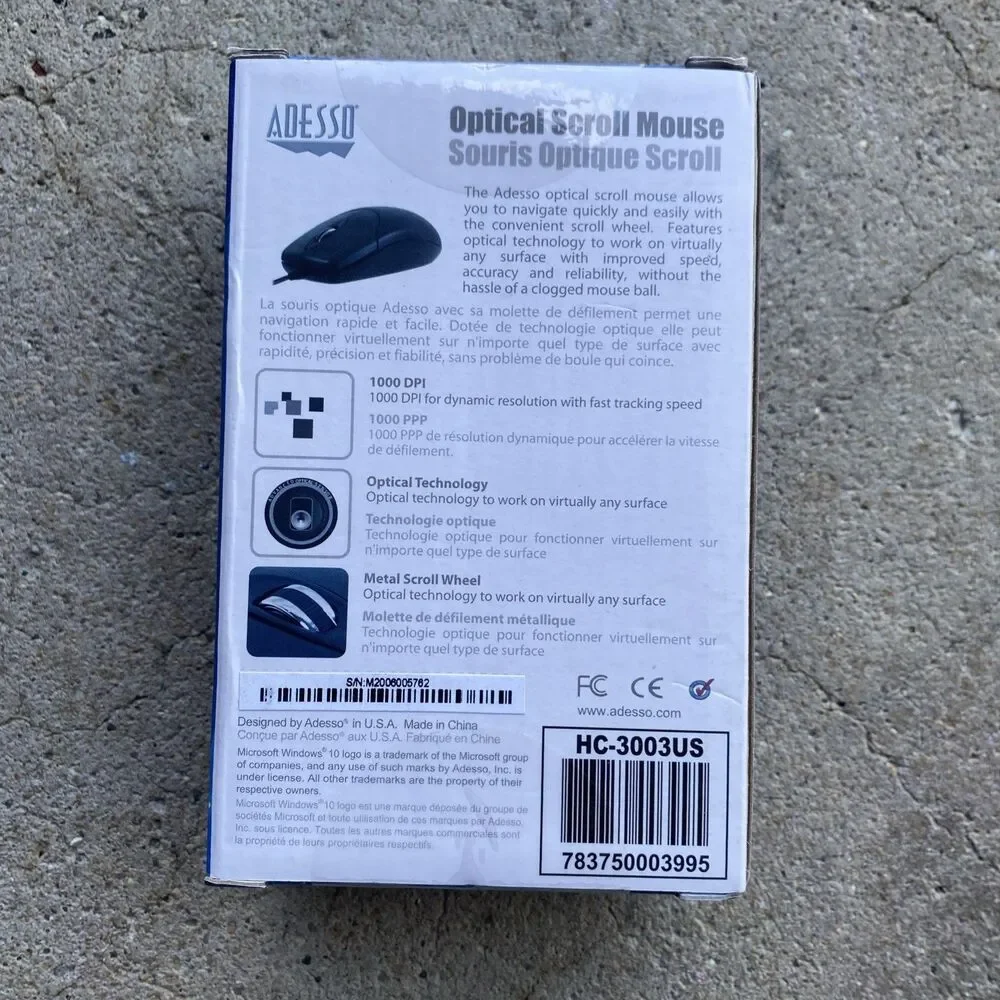 ADESSO HC-3003US Optical Scroll Mouse , Enhanced Optical Sensor ,1000DPI - New